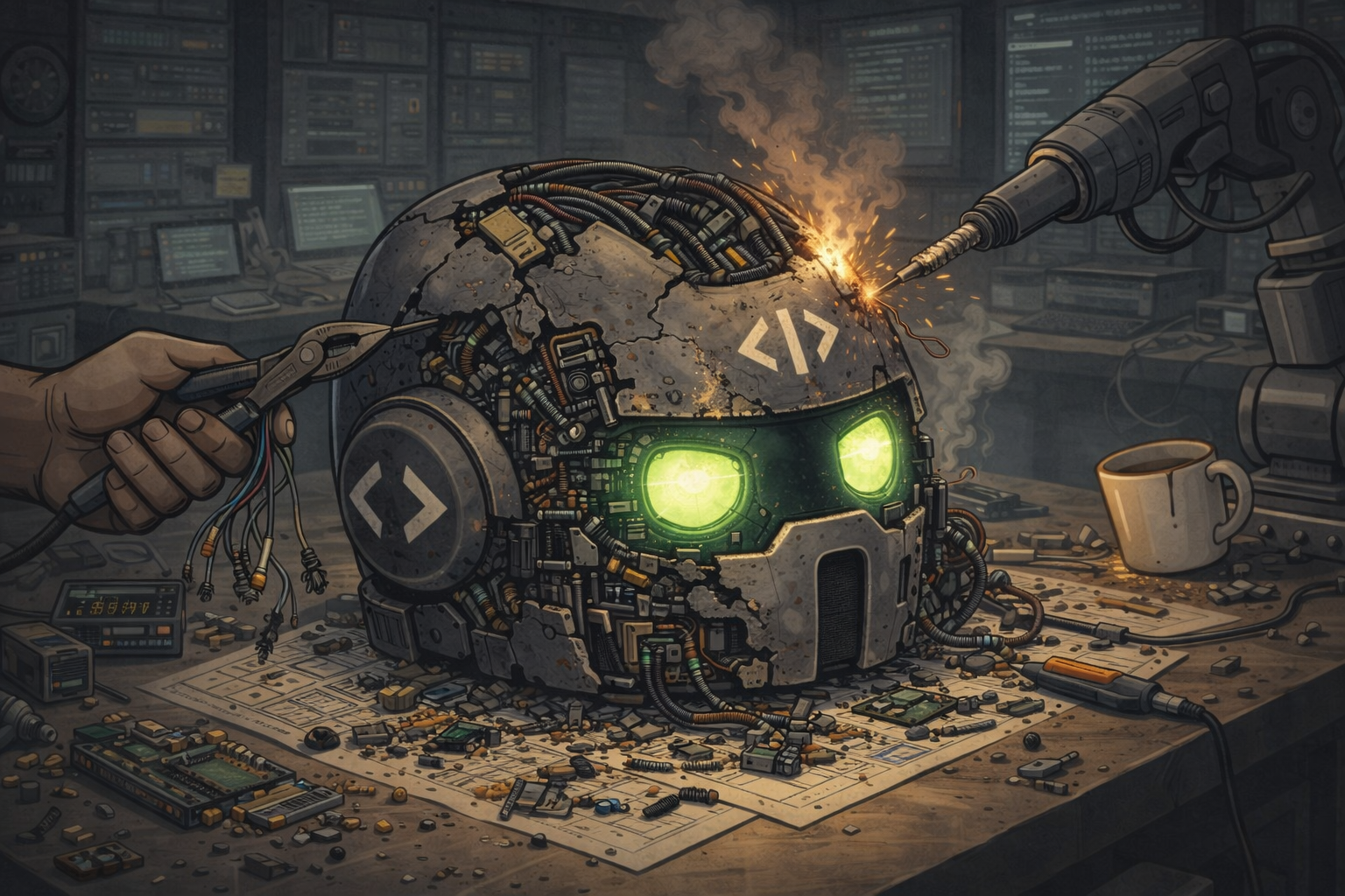 A robot head on a workbench with green eyes