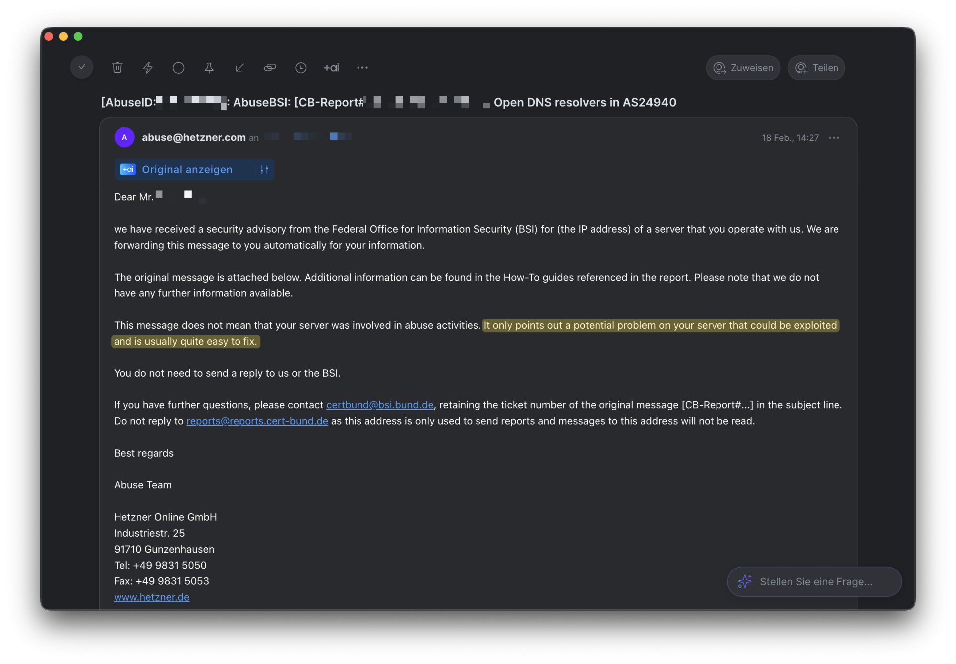 Abuse email notification on a computer screen: DNS Resolver