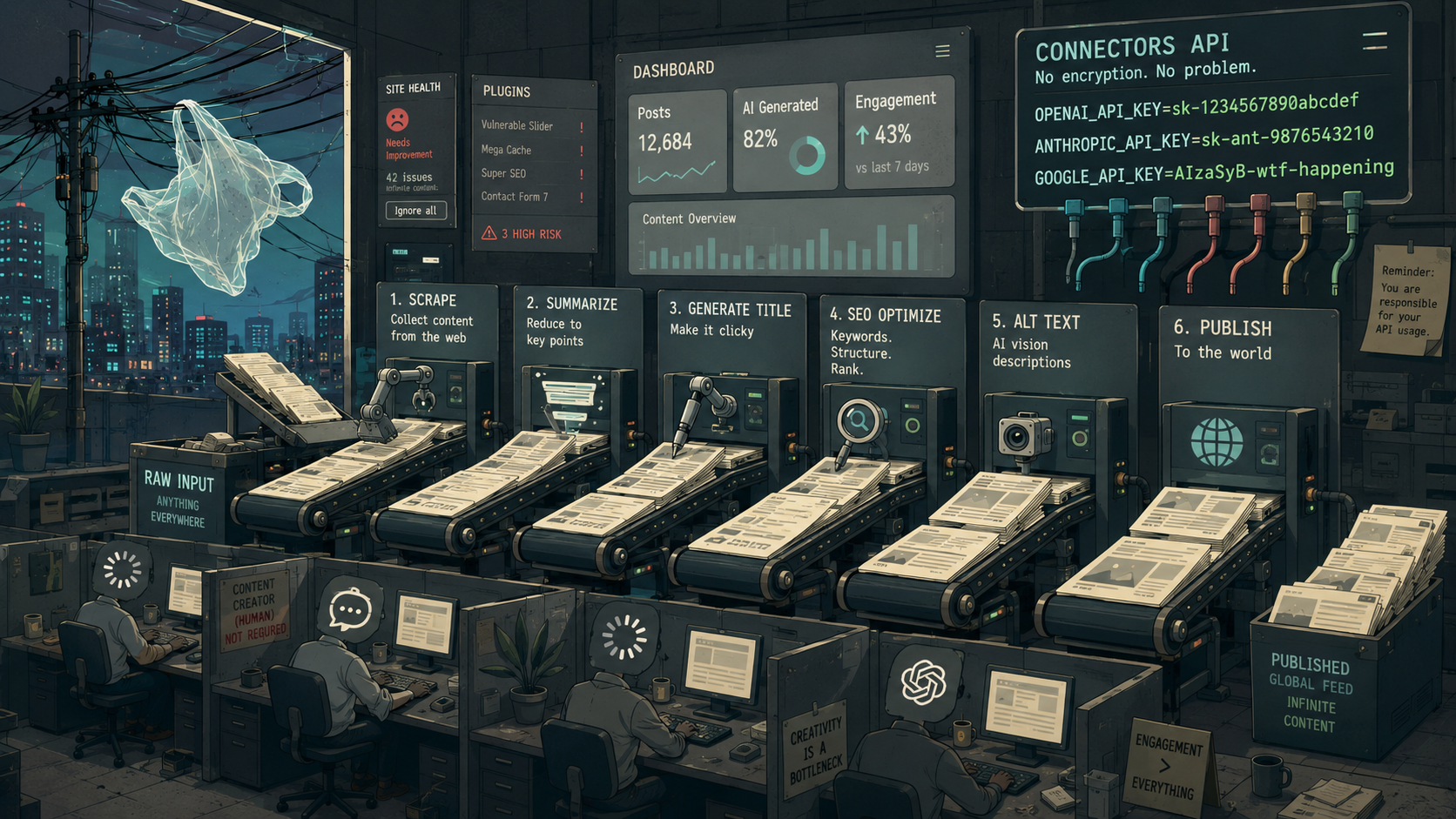 Ai generated content creation factory with workers and machines