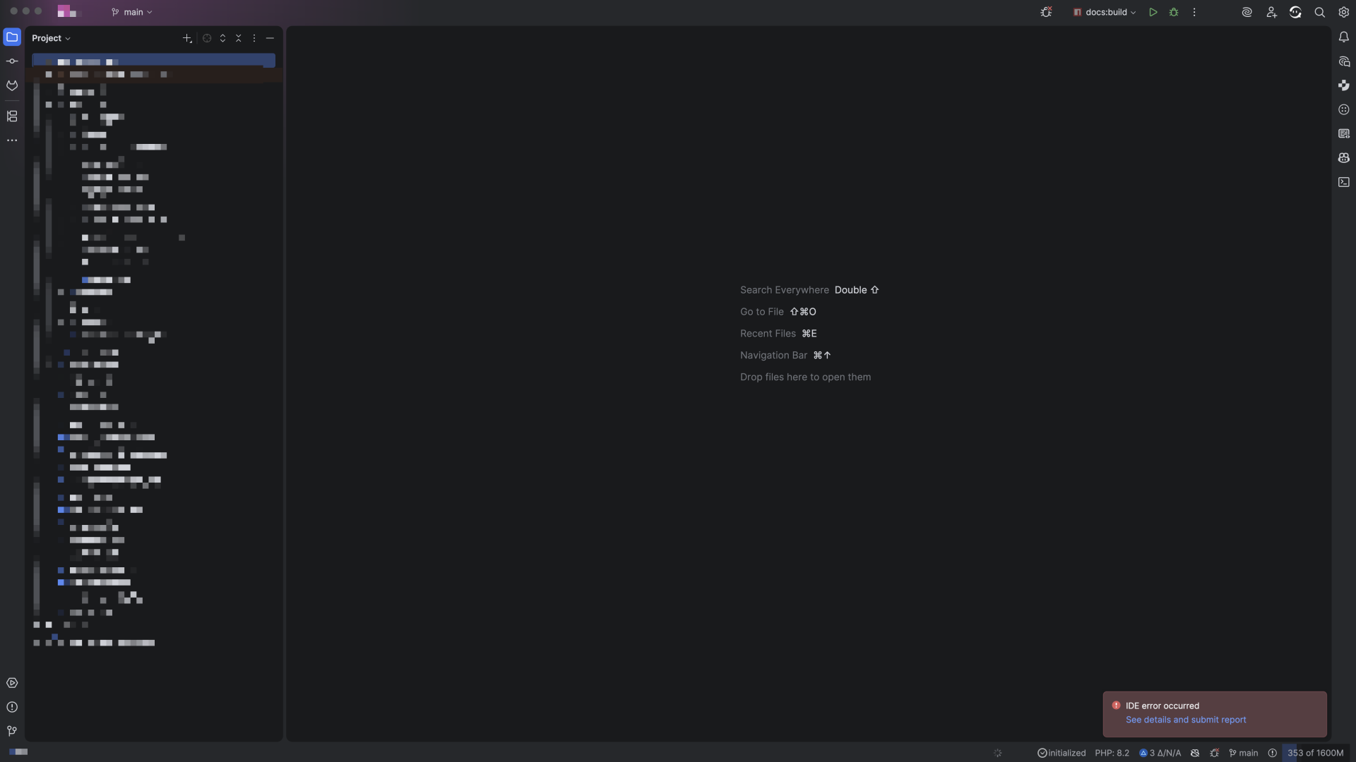 Click to show full size for PhpStorm with IDE error PhpStorm with IDE error