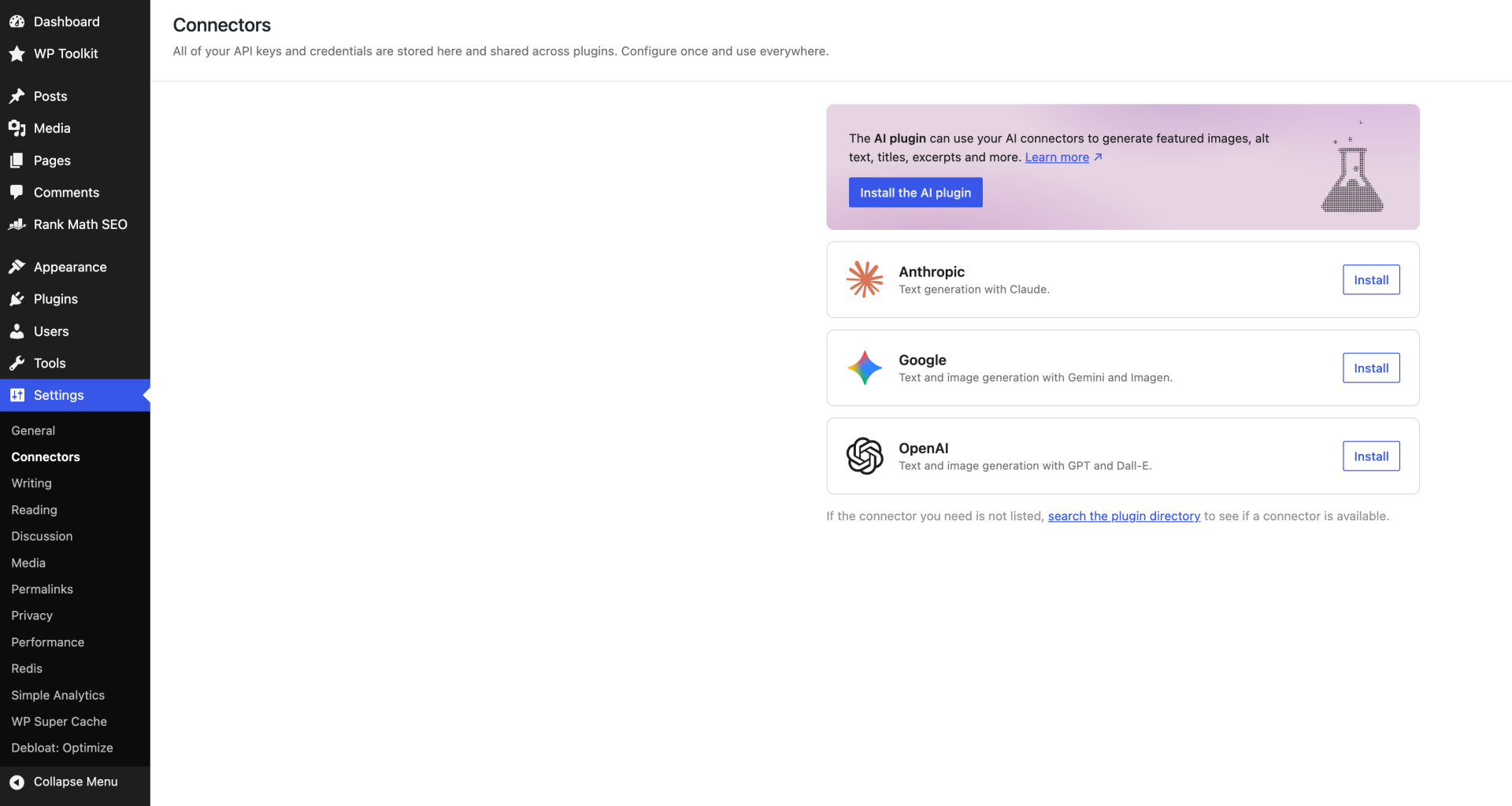Connectors page with ai plugins and installation options