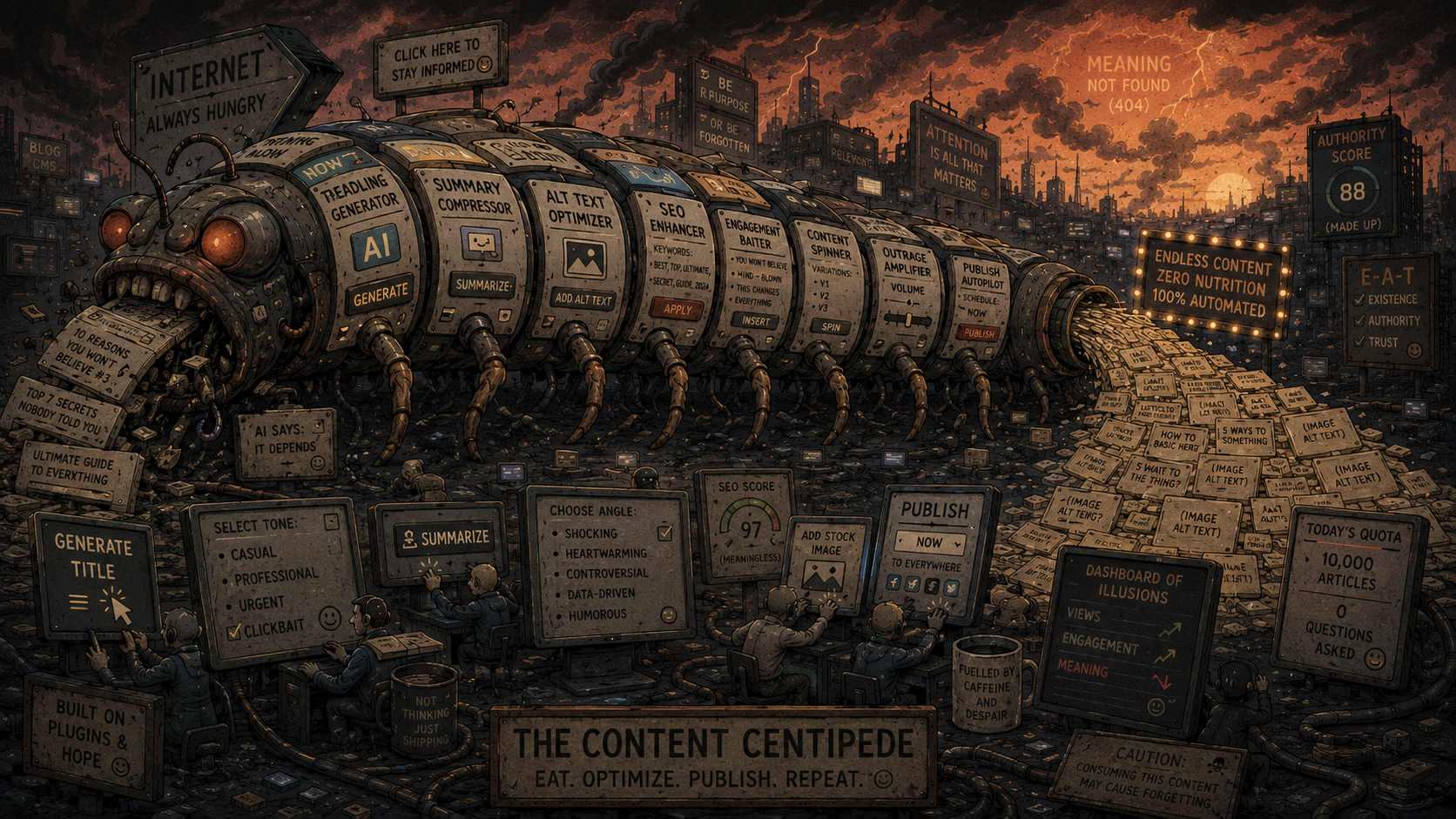 Dark futuristic centipede with screens and people working nearby