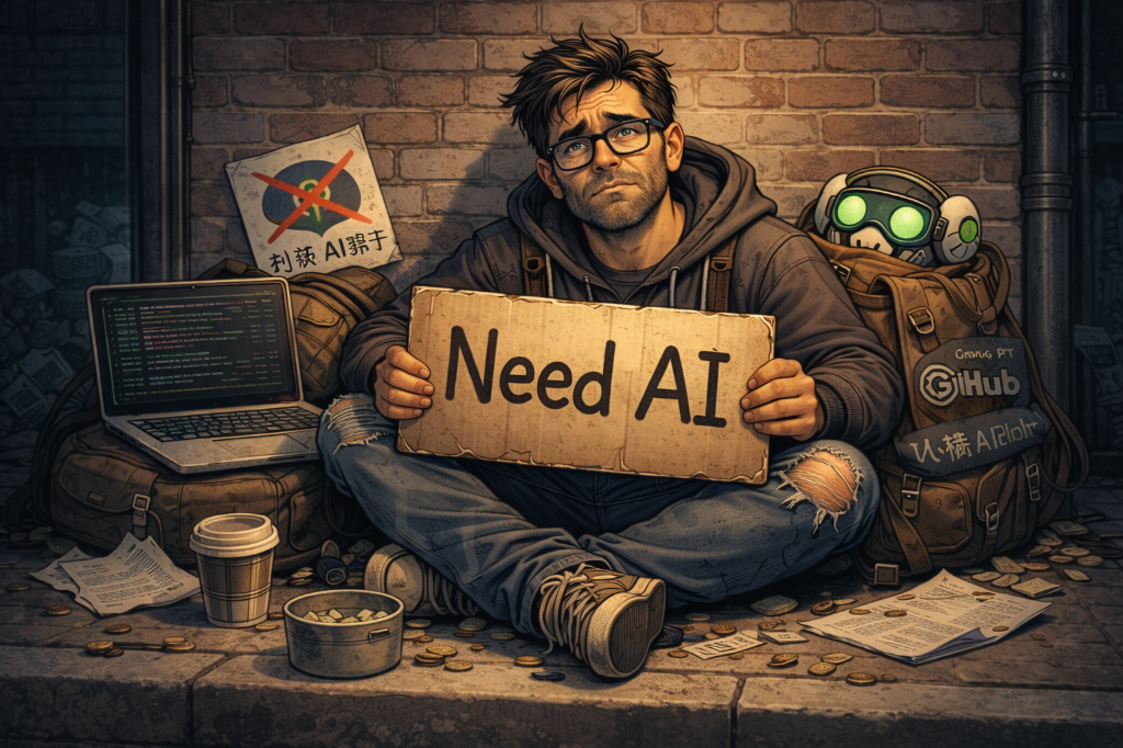 Man in despair holding need ai sign on sidewalk, asking for free AI