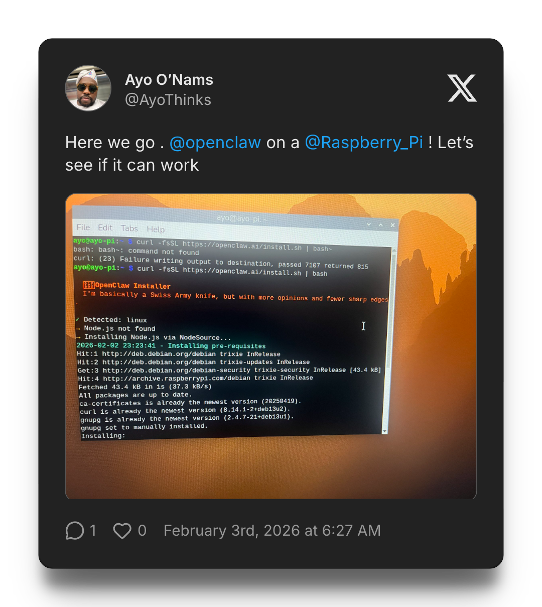 Raspberry pi terminal screenshot and tweet on black background