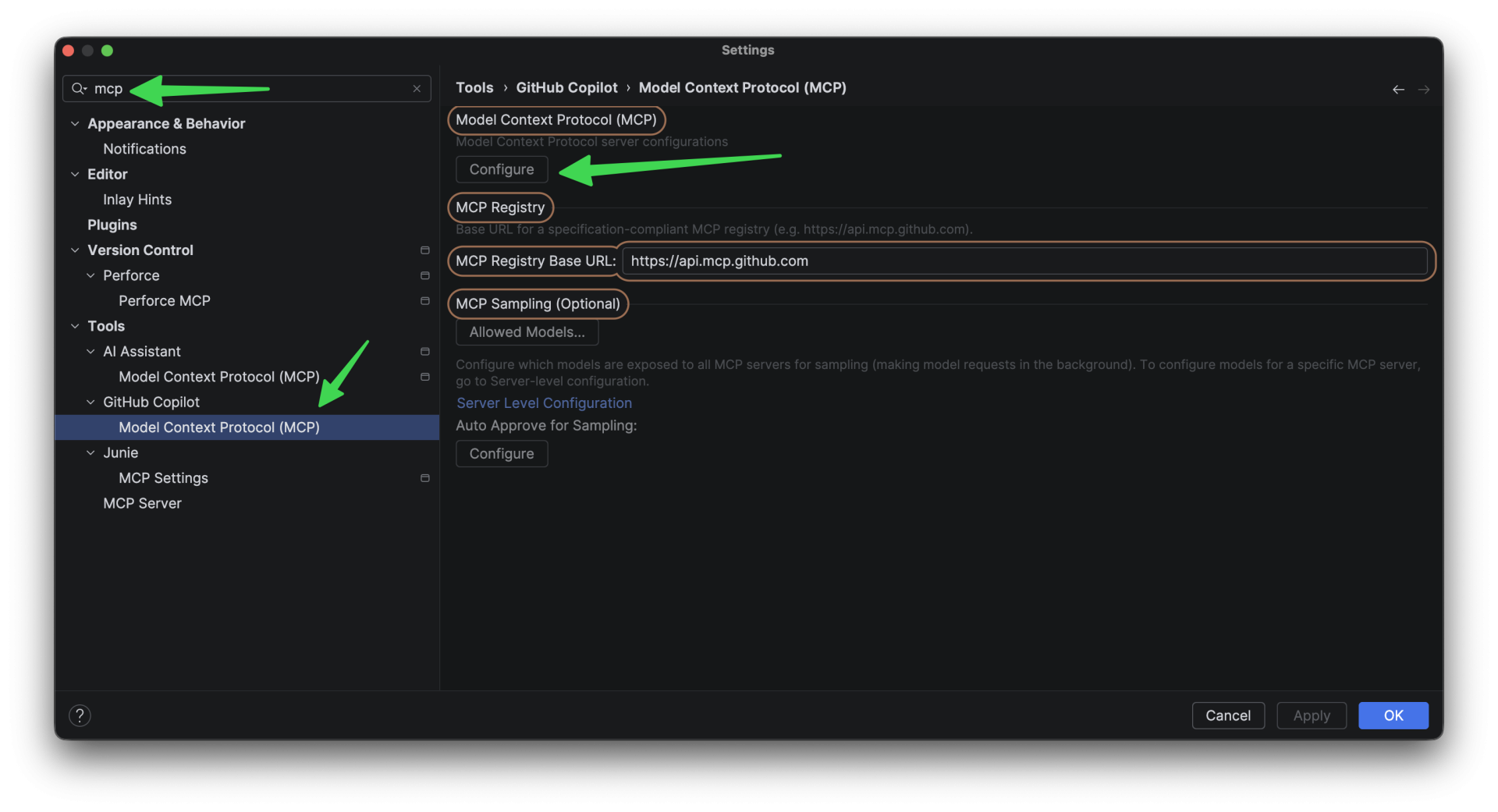 Click to show full size for Settings for GitHub Copilot MCP Settings for GitHub Copilot MCP